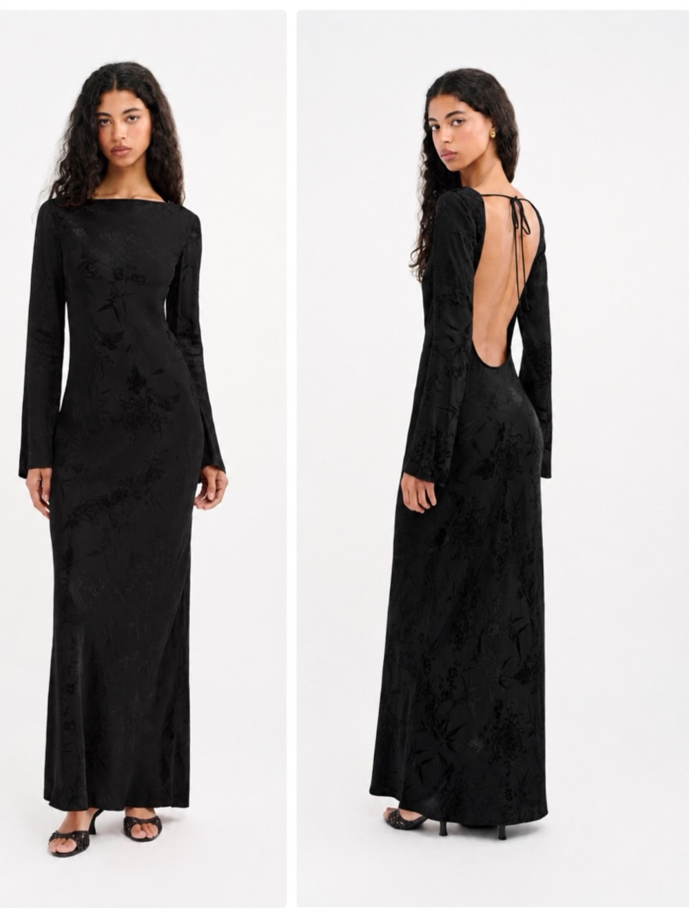Rumored sweet talker satin bias bell sleeve open back maxi floral jacquard S nwt